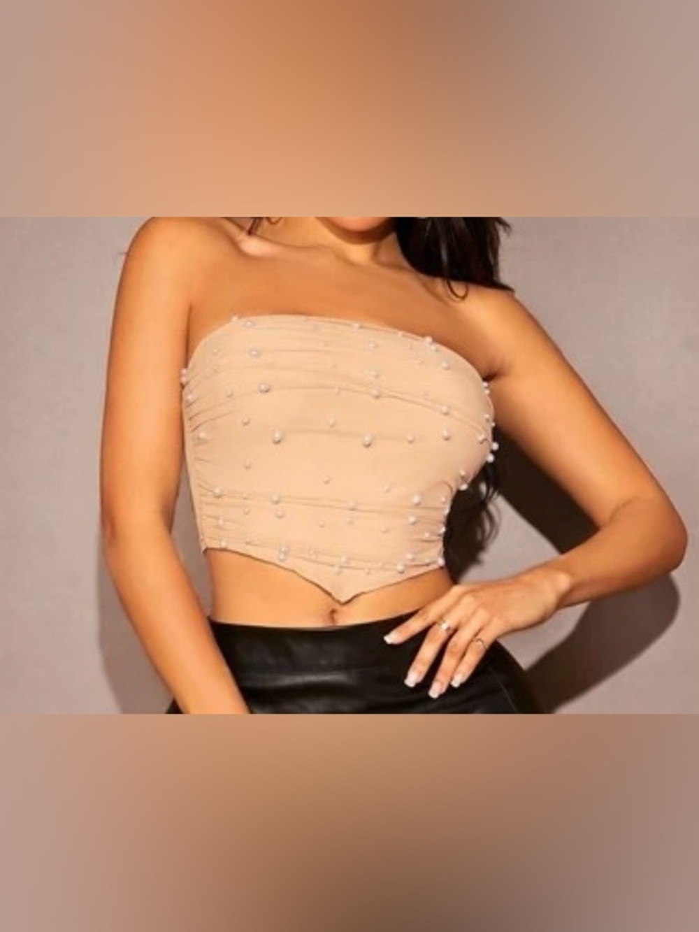 Strapless Pearl-Embellished Nude Tube Top